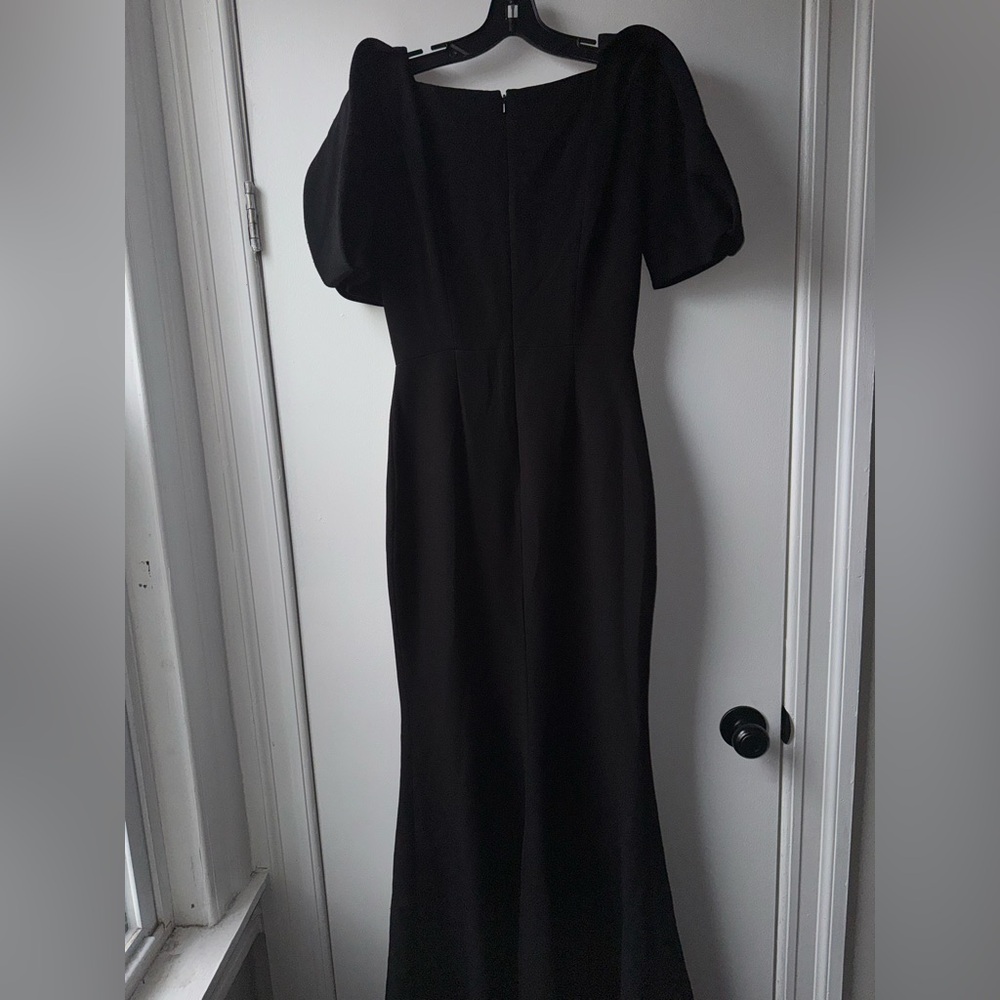 Badgley Mischka Gathered Crepe Black V-Neck Maxi Gown Statement Puff Sleeves - Picture 10 of 16